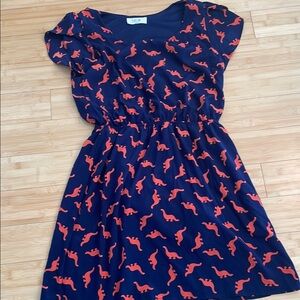 LIKE NEW! Peach Love Navy Blue Dress With Orange Dinosaur Design Sz M